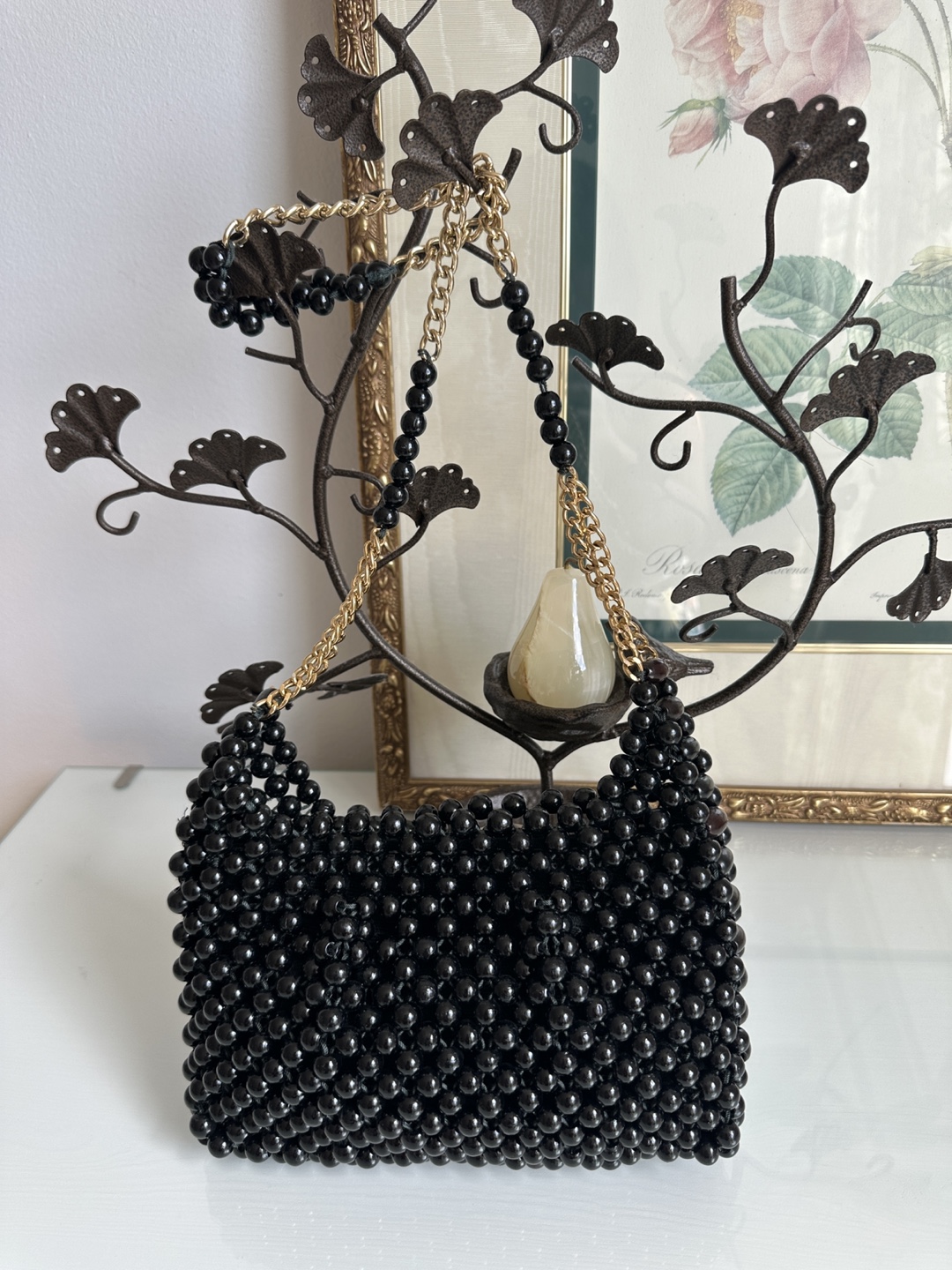 Black Beaded Shoulder Bag with Gold Chain