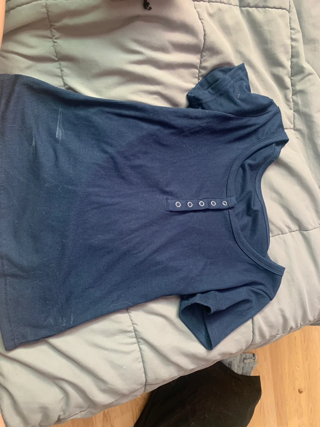 Navy Blue Ribbed Henley Top thumbnail