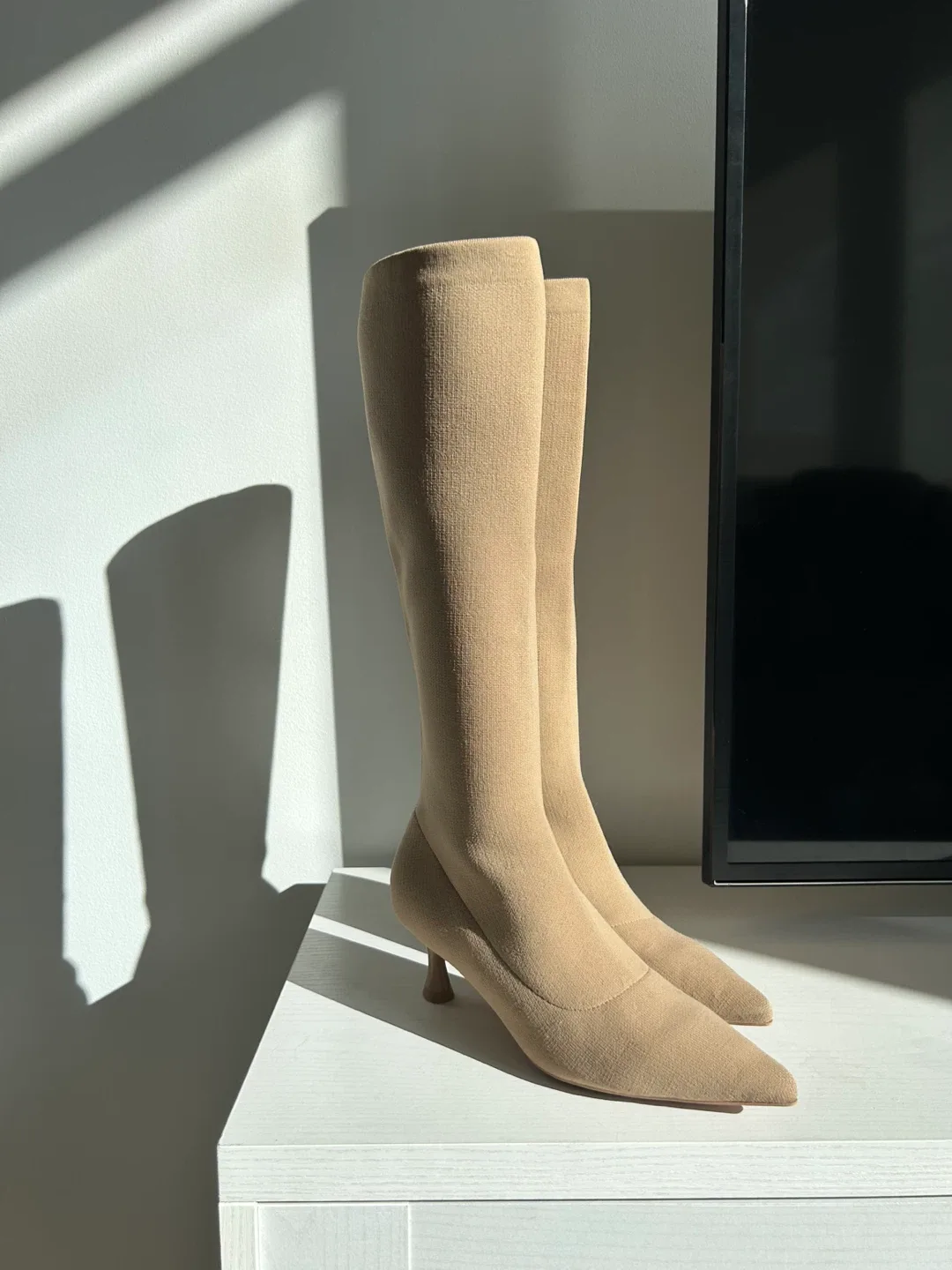 Beige Knit Knee High Heel Boots thumbnail