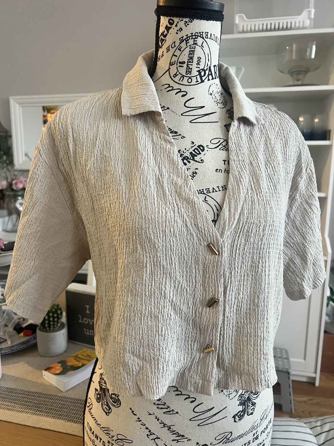 Beige Button-Down Crop Top