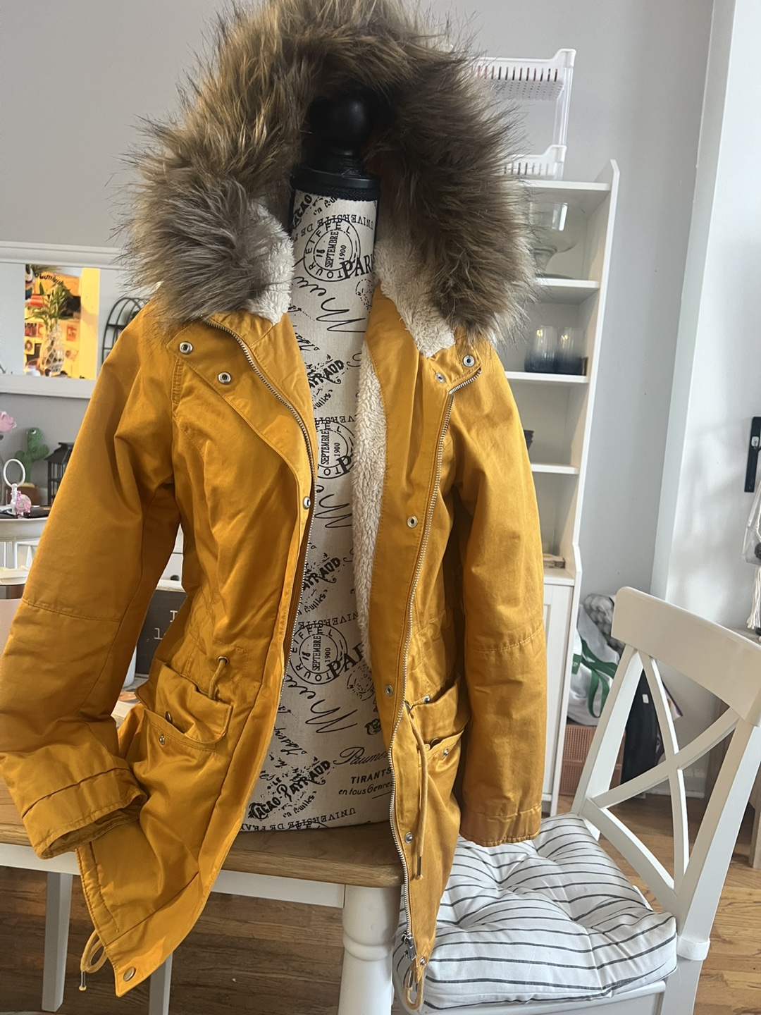Yellow Winter Coat with Faux Fur Hood - photo 2