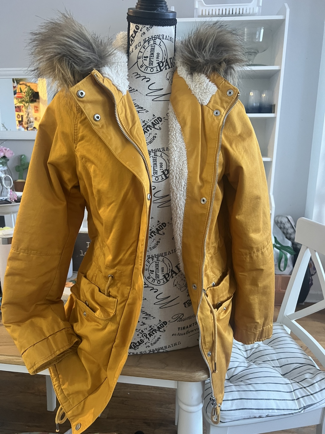 Yellow Winter Coat with Faux Fur Hood
