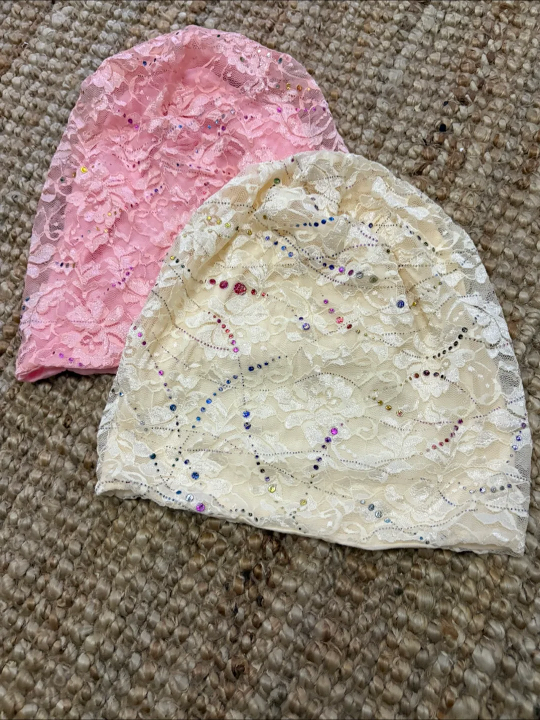 Lace Beanie Hats - Pink and Cream thumbnail