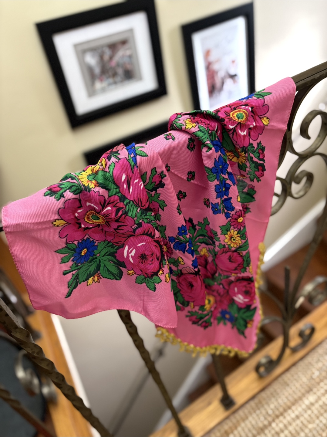 Pink Floral Scarf with Gold Trim