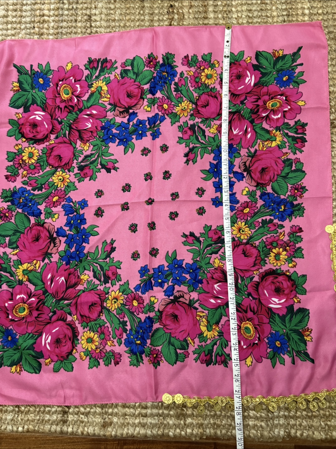 Pink Floral Scarf with Gold Trim - photo 3