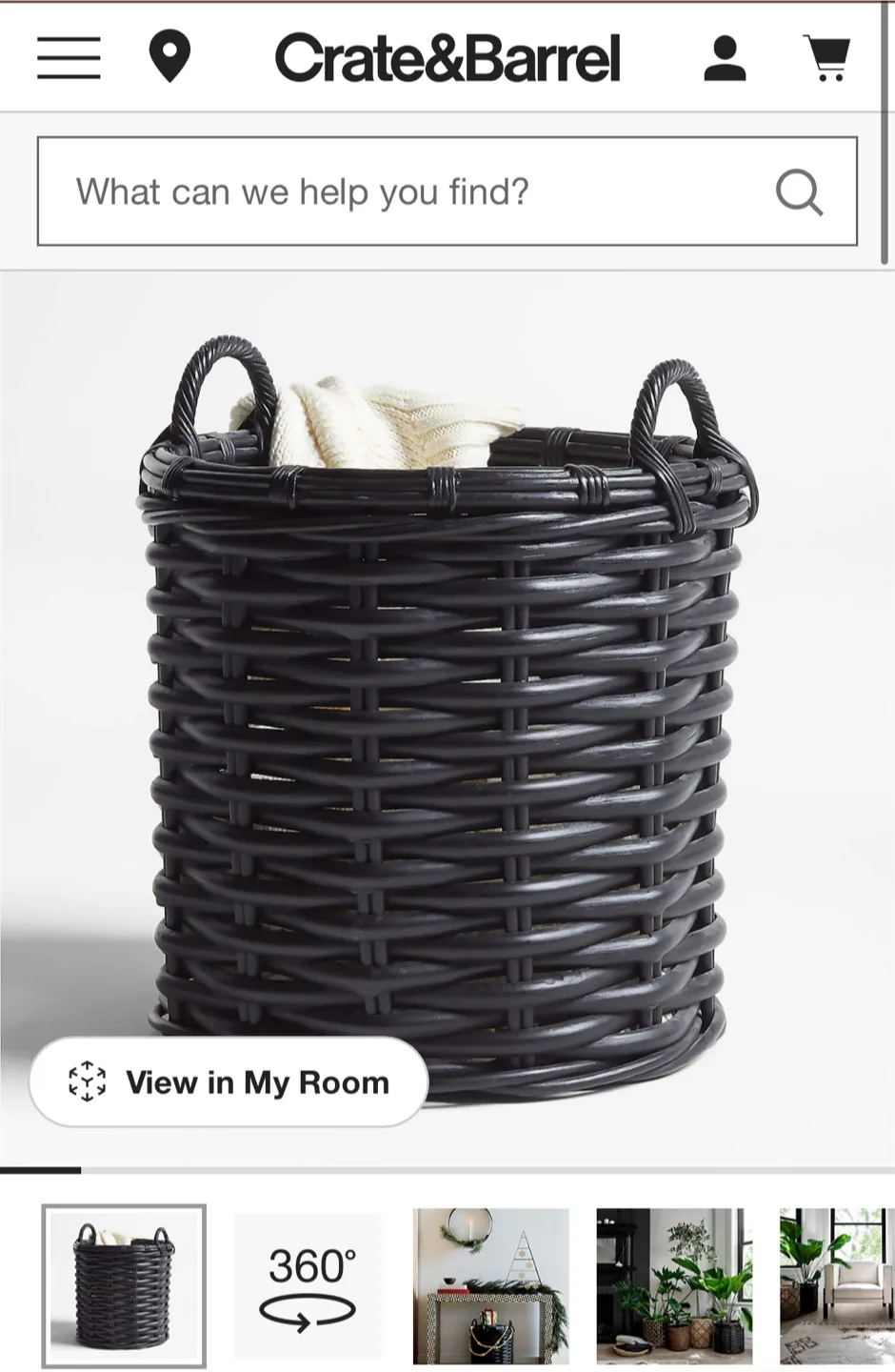 Crate & Barrel Black Rattan Woven Round Basket thumbnail