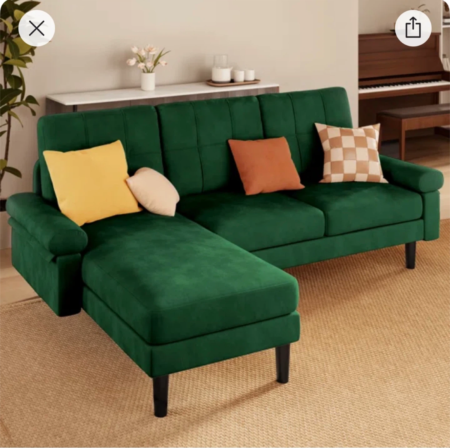 Green Velvet Sectional Sofa Couch - photo 5