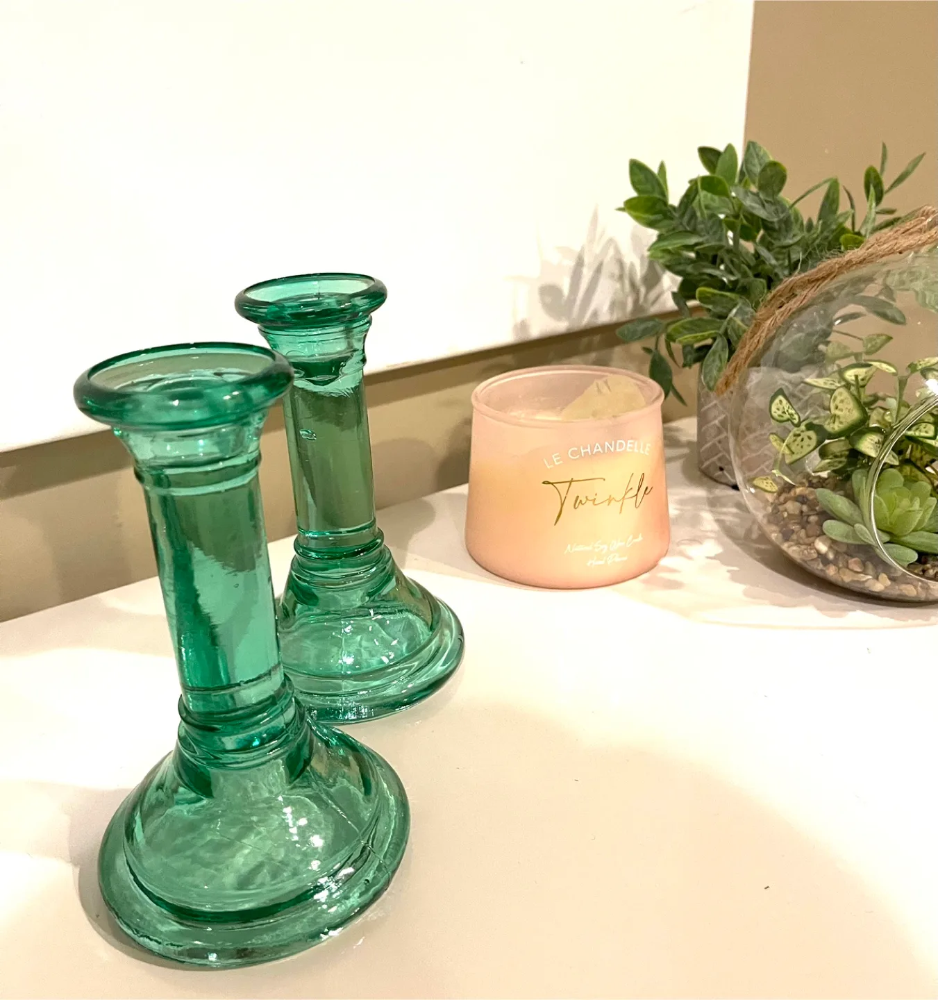 Sea foam green Indian glass candle stick holders thumbnail