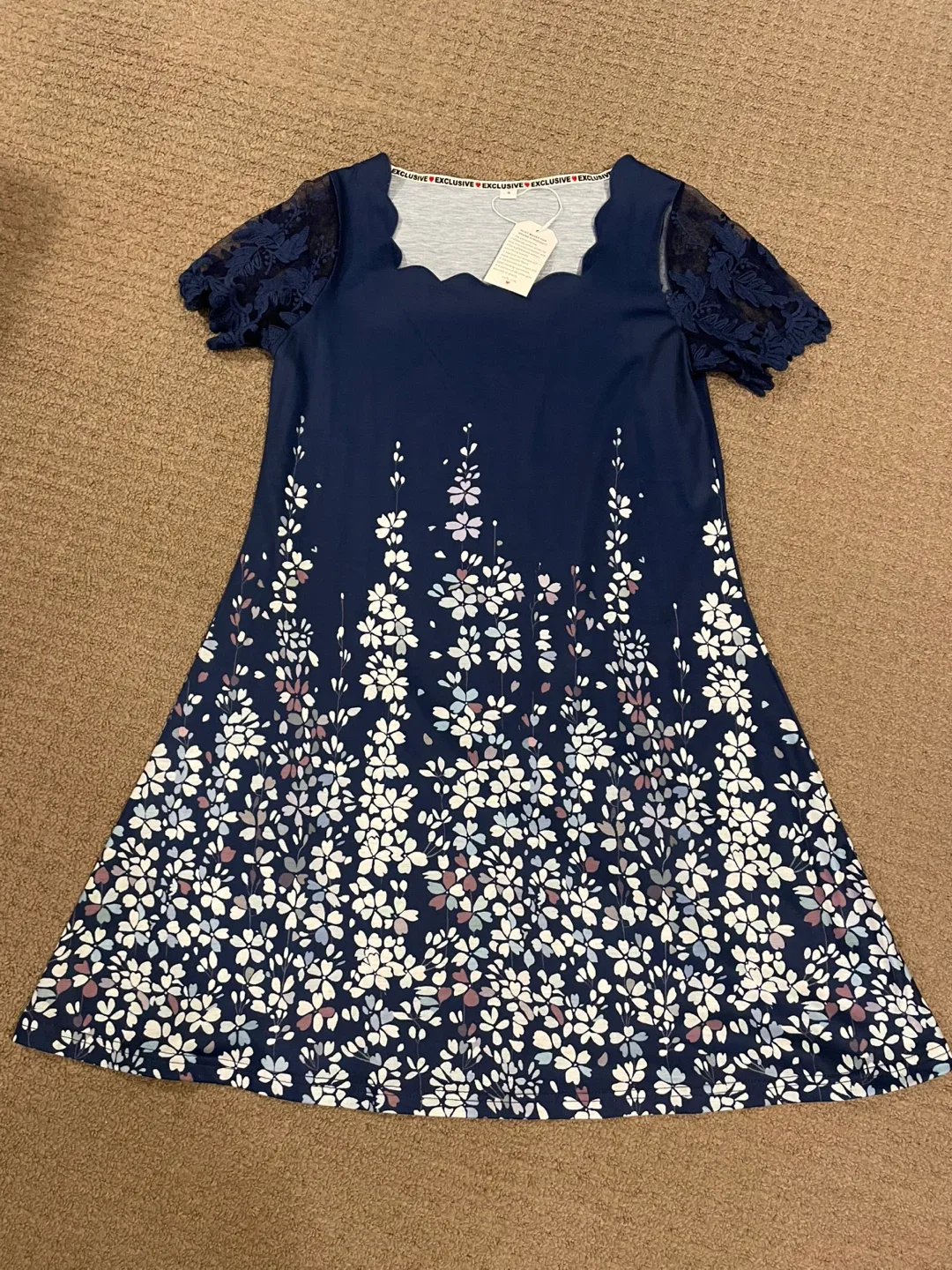 Navy Floral Dress with Lace Sleeves thumbnail