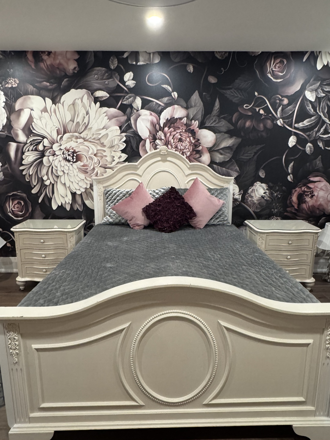 Solid wood white Bedroom Set - Bed, Nightstands, Armoire