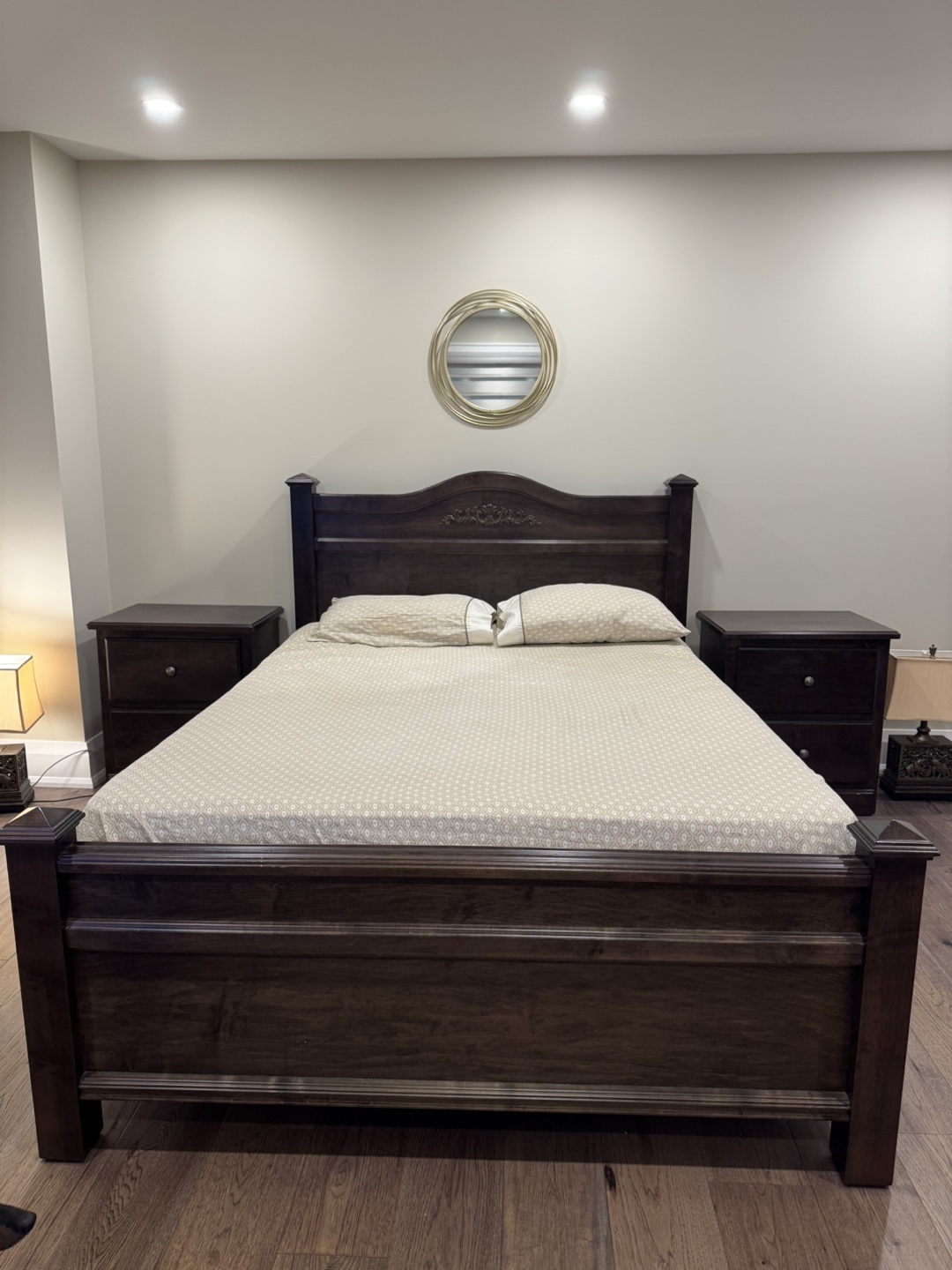 Dark Wood Queen Size Bed Frame, mattress and night tables.