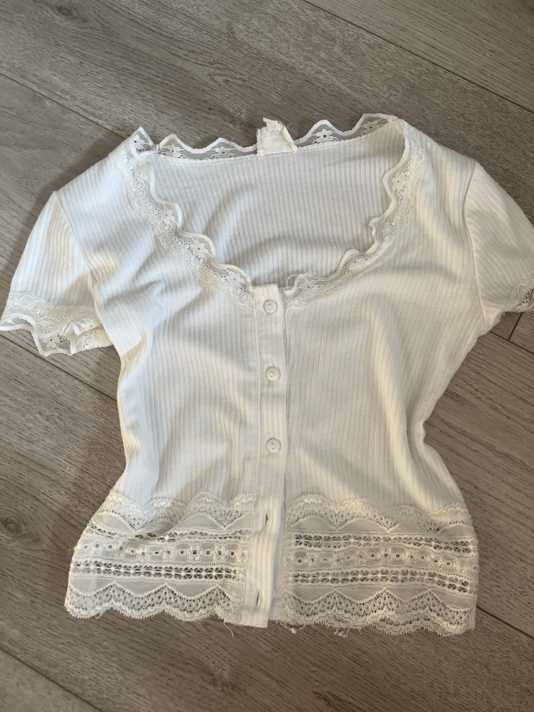 White Lace Trimmed Button-Up Top