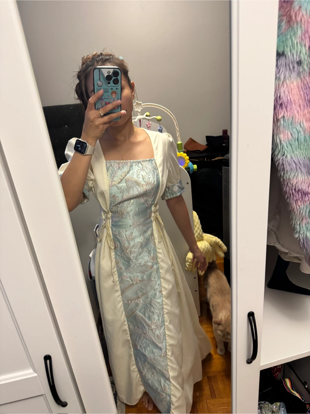 Vintage Dress - Cream & Blue