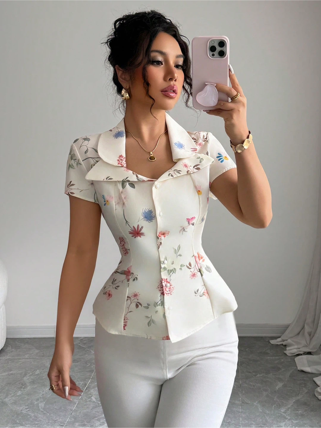 Elenzga Women's Elegant Printed Lapel Collar Cinched Waist Shirt