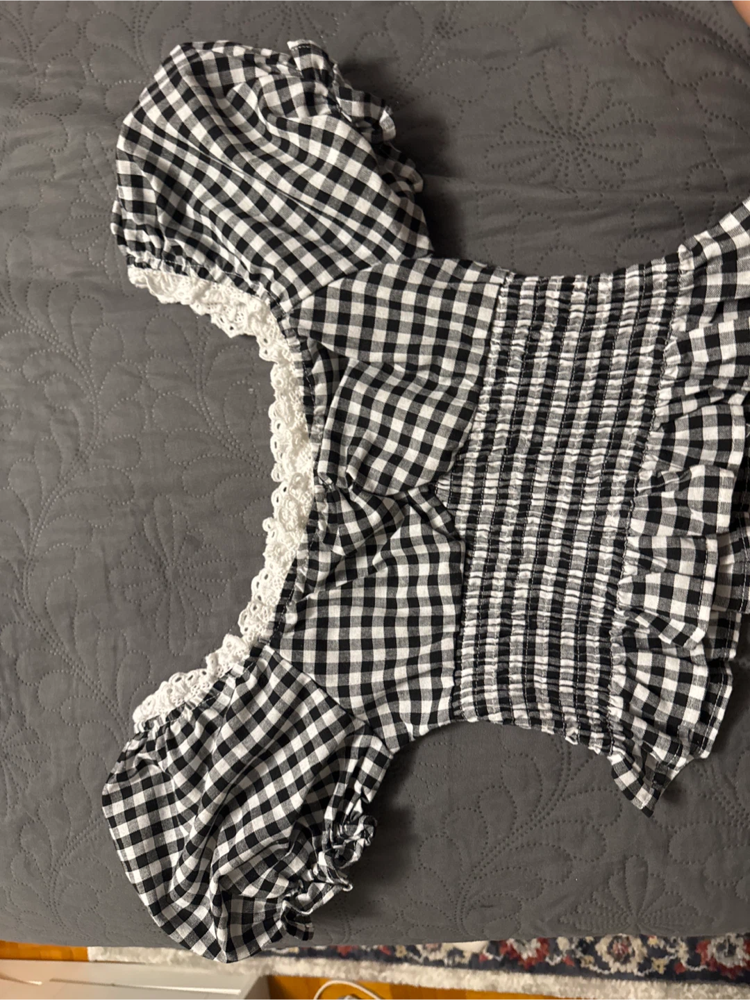 Gingham Smocked Crop Top - Black and White
