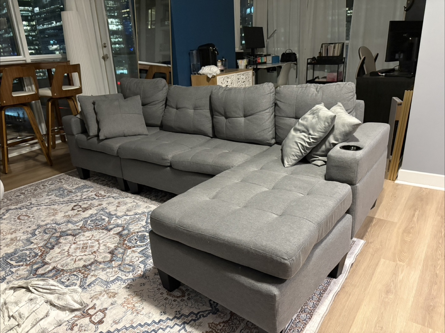 Grey Sectional Sofa with Cup Holders