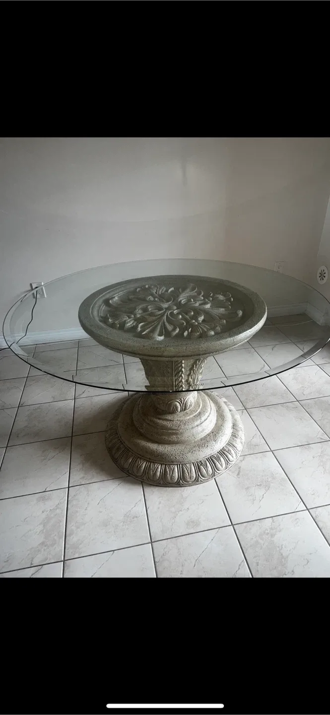 Luxury Stone Pedestal Glass Dining Table – Heavy & Solid thumbnail