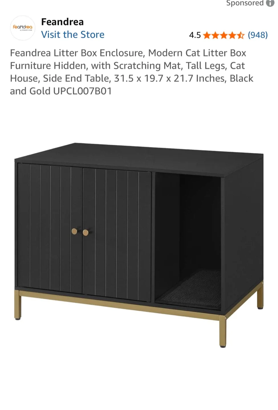 New Litter Box Enclosure End / Entryway Table - Black & Gold thumbnail