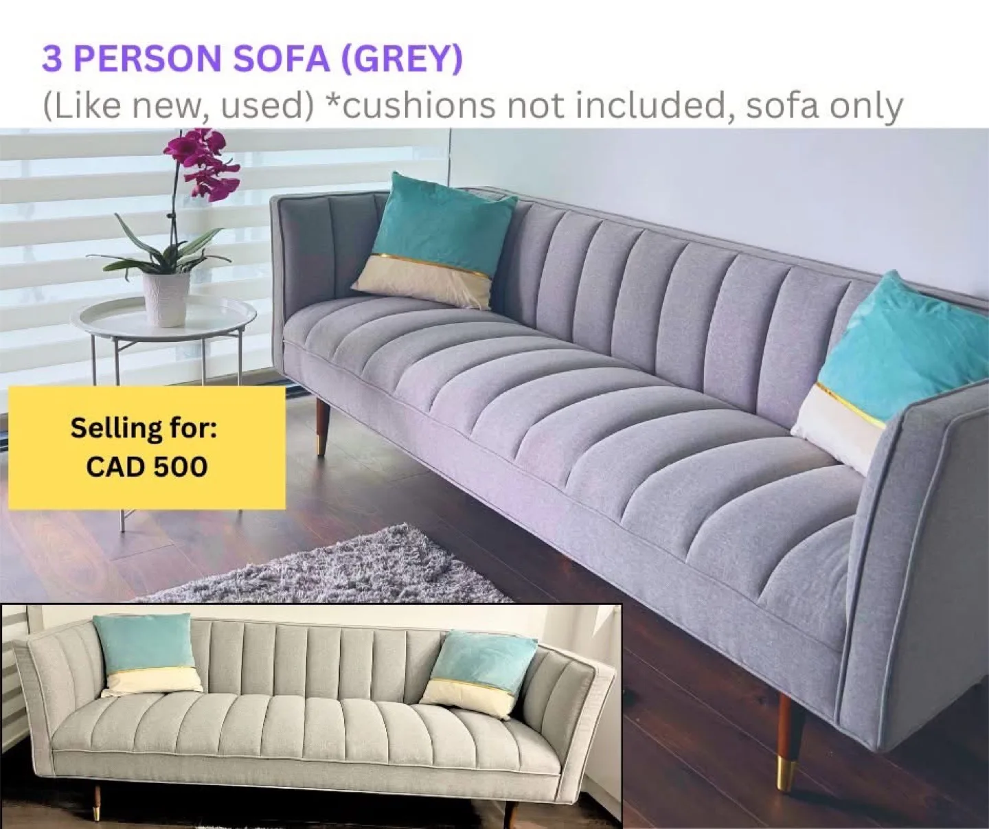 Grey 3-Person Sofa (Like New) thumbnail