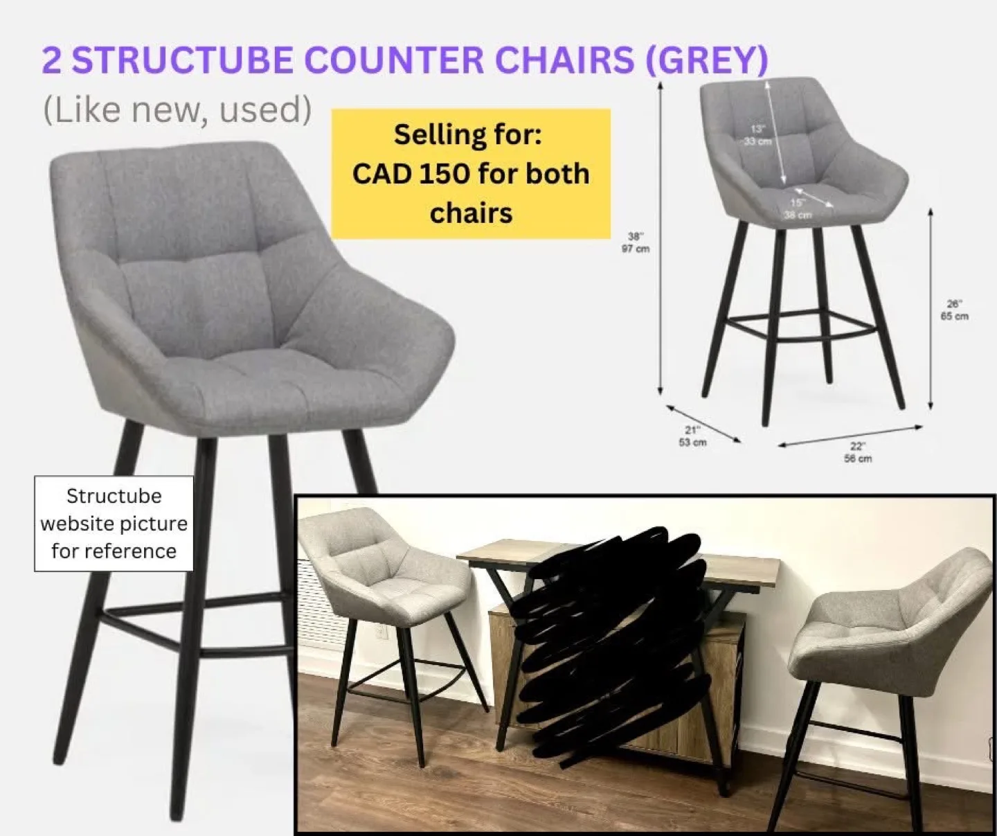 2 Structube Grey Counter Chairs - Like New! thumbnail