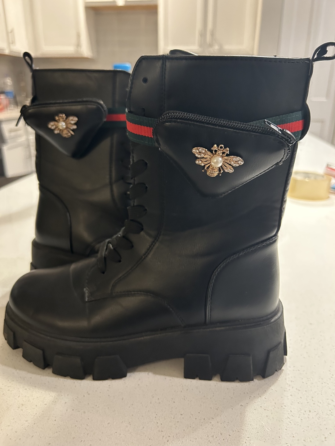 Black Lace-Up Combat Boots with Bee Detail - photo 2