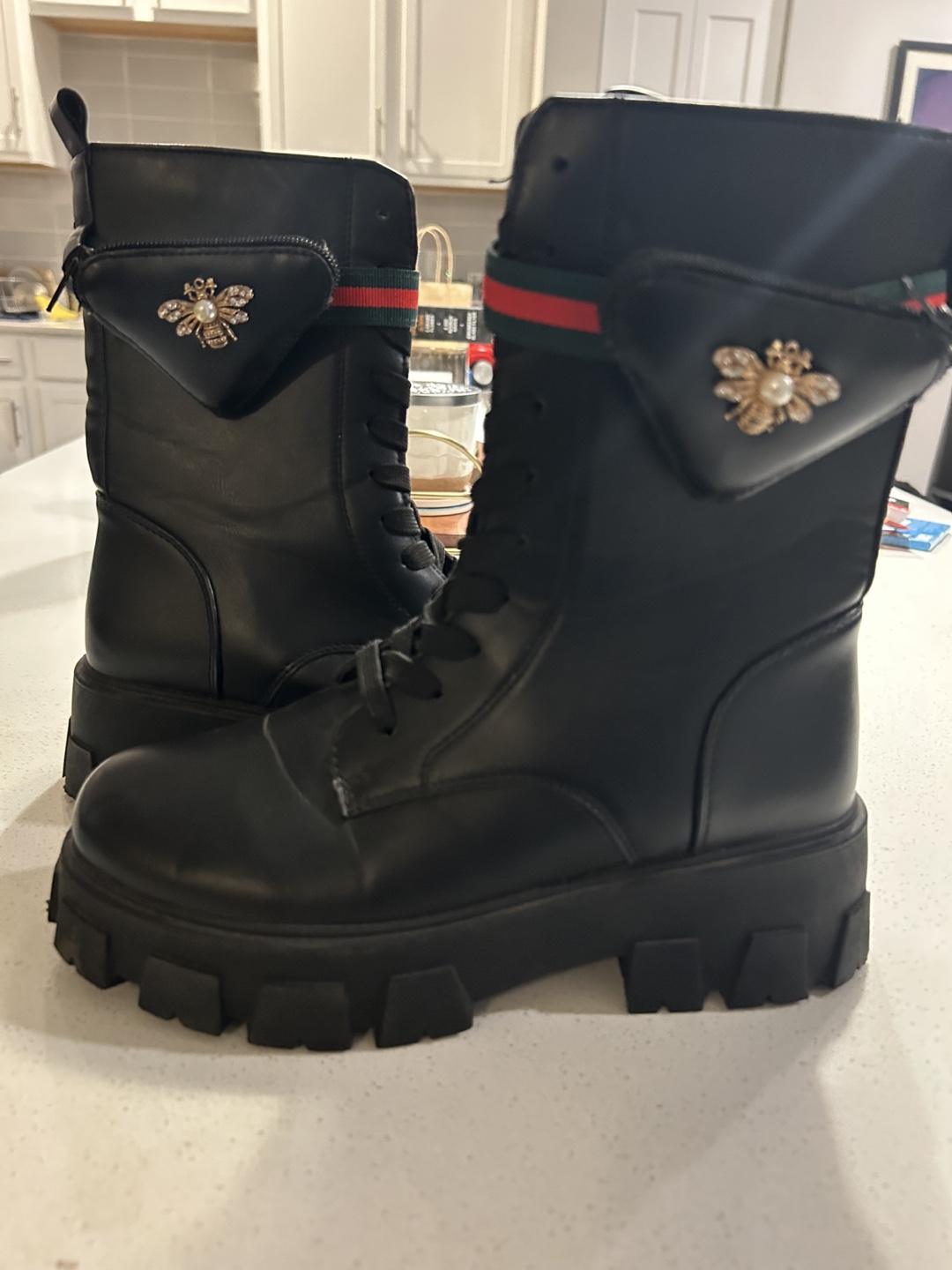 Black Lace-Up Combat Boots with Bee Detail