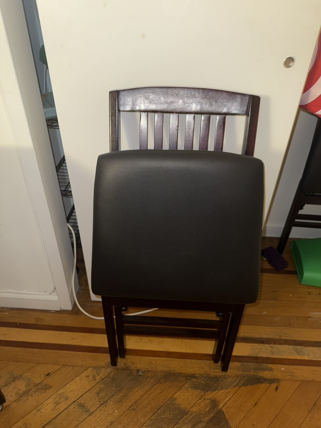 Folding Wooden Dining Chair with Black Leather Seat
