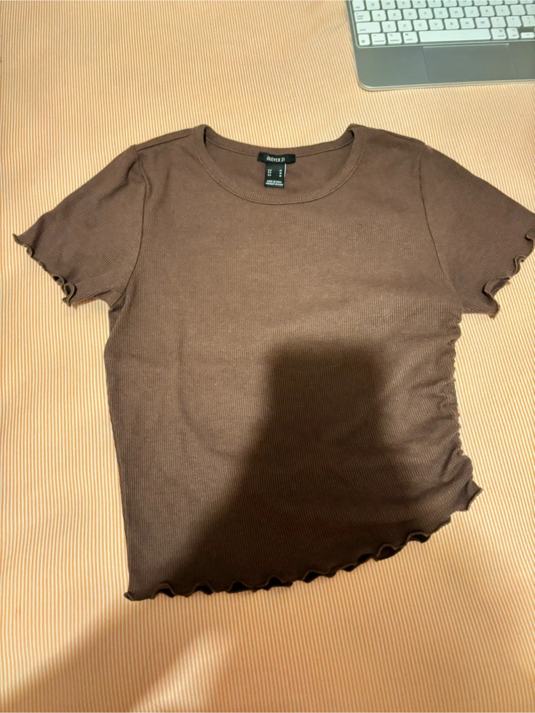 Forever 21 Brown Ribbed Lettuce Edge Top - Size S