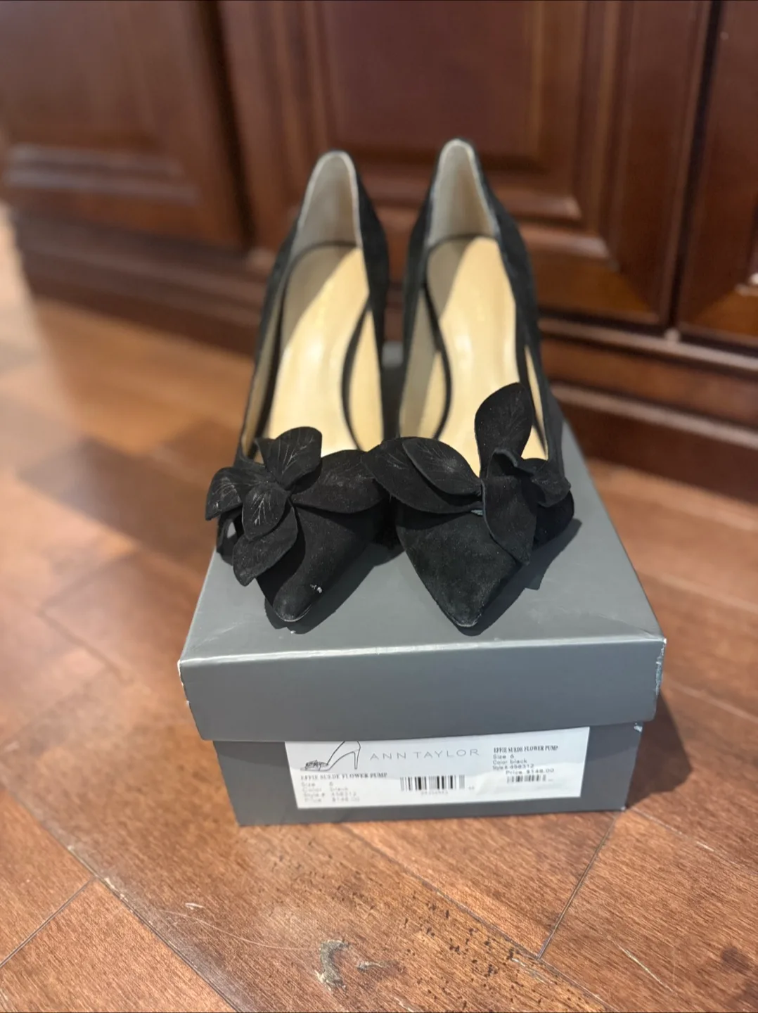 Ann Taylor Black Suede Flower Pumps, Size 6 thumbnail