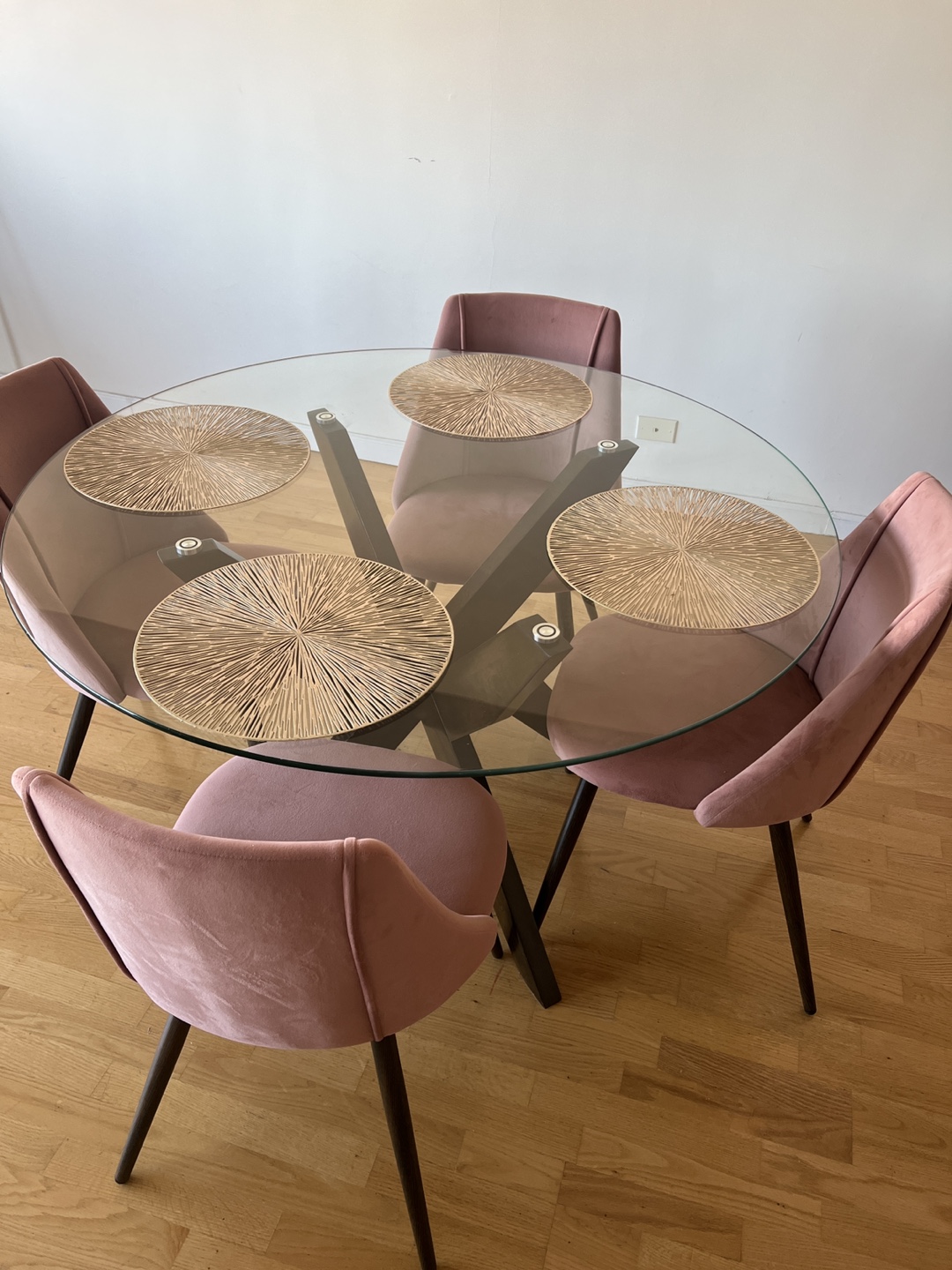 Vosburg 48” Glass Dinning set with (4) Pink Velvet Dining Chairs