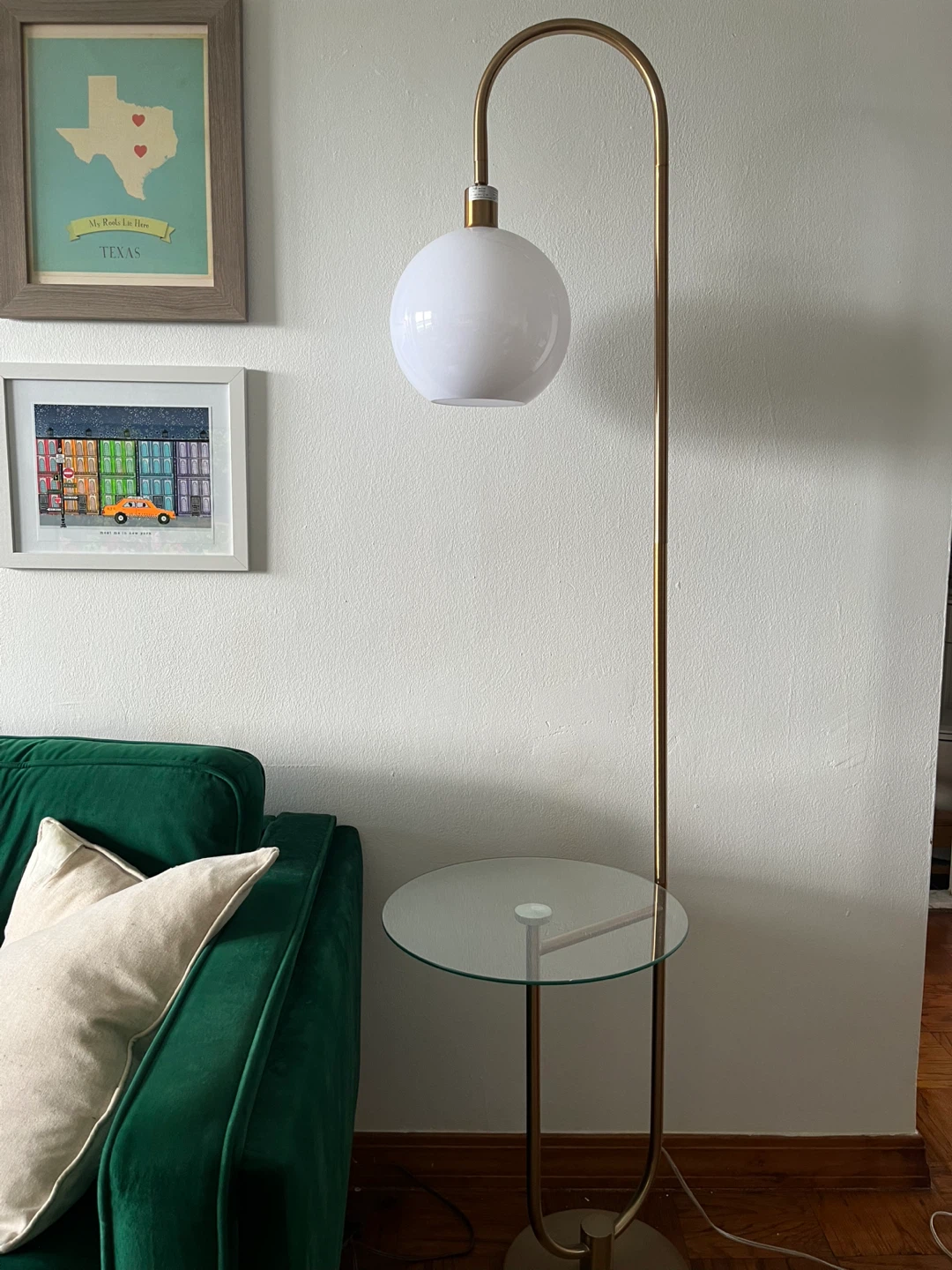 Gold Sphere Floor Lamp with Glass Table