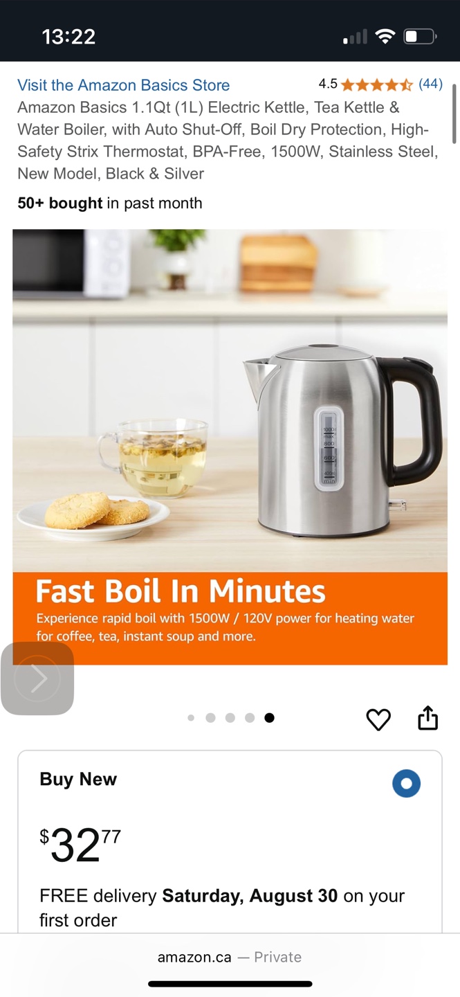 Amazon Basics 1.1Qt (1L) Electric Kettle