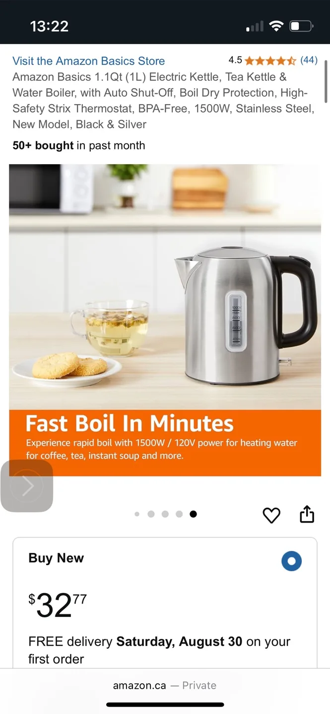 Amazon Basics 1.1Qt (1L) Electric Kettle thumbnail