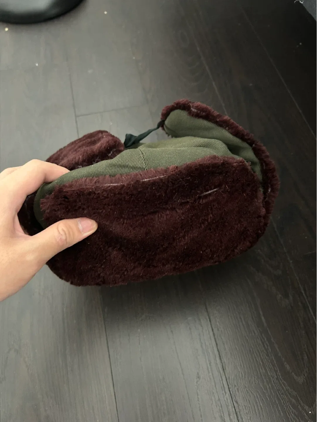 Olive Green Trapper Hat with Faux Fur thumbnail