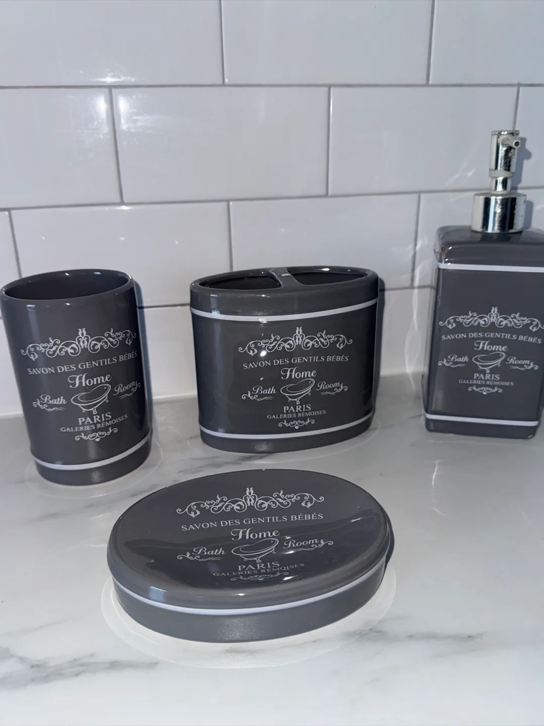 Grey Bathroom Set - Soap Dispenser, Toothbrush Holder & More thumbnail