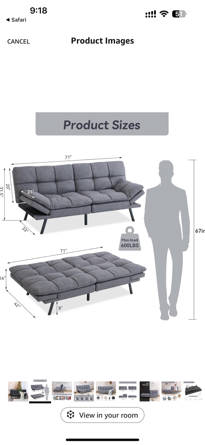 Gray Futon Sofa Bed - Converts to Bed - photo 3