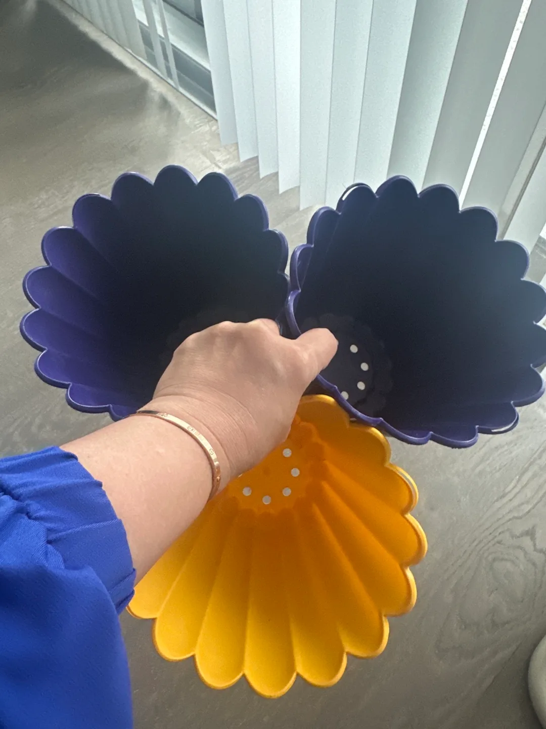 Lot of 3 6” plant planters (1 yellow, 2 purple) image indicator(6)