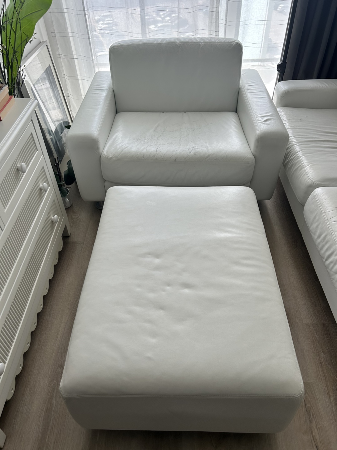 White Leather Armchair & Ottoman Set