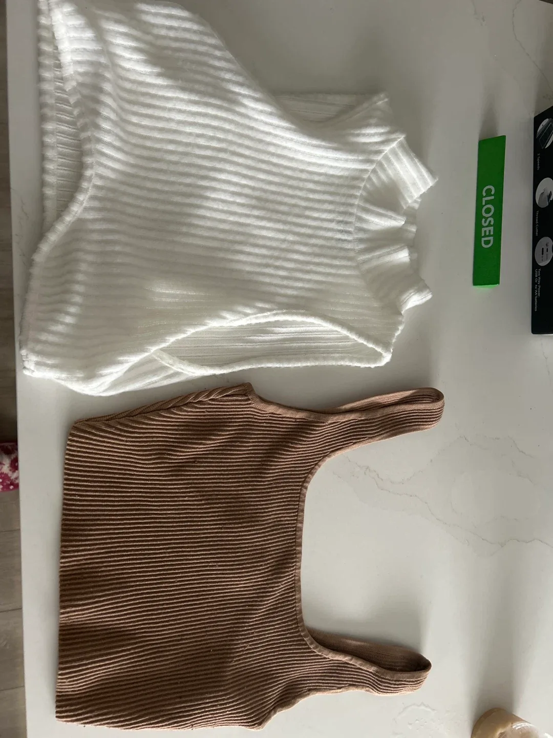 Closed Ribbed Tank Tops - White & Brown thumbnail