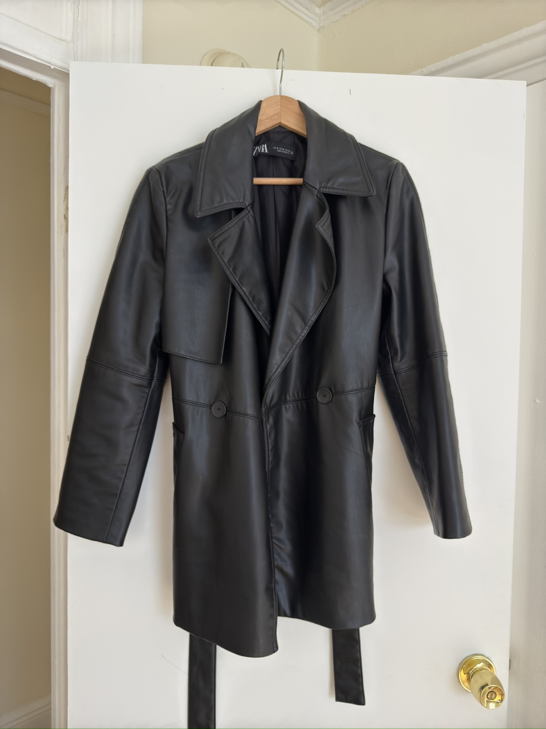 Zara Black Faux Leather Trench Coat XS - photo 2