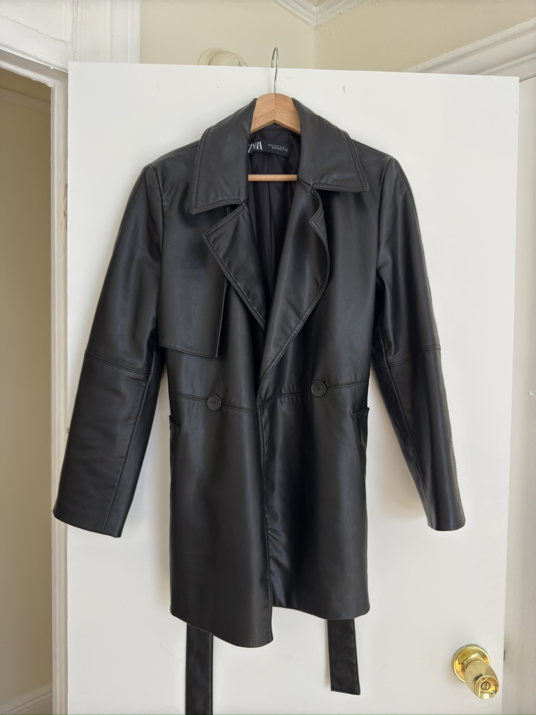 Zara Black Faux Leather Trench Coat XS