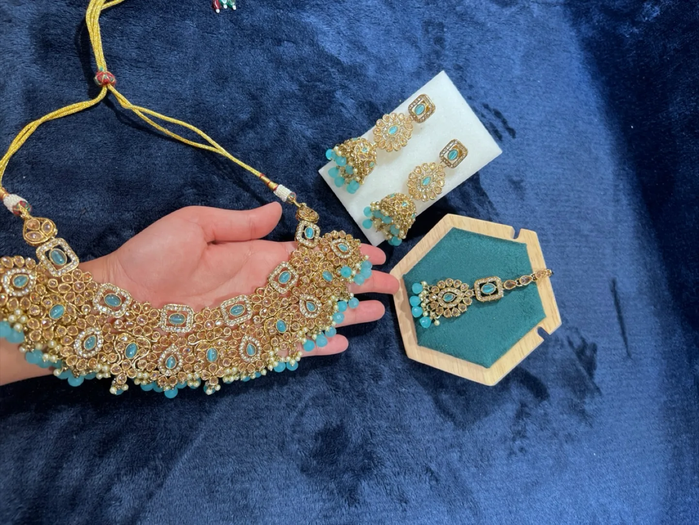 Necklace, Earrings & Tikka Set - Gold & Light Blue thumbnail