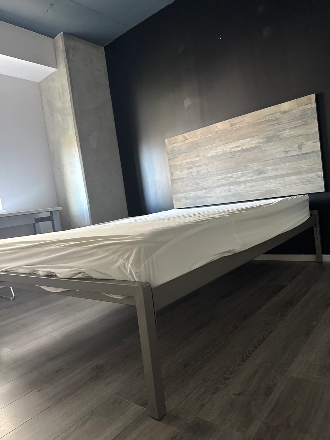 Queen Bed Frame, mattress and a bed side table