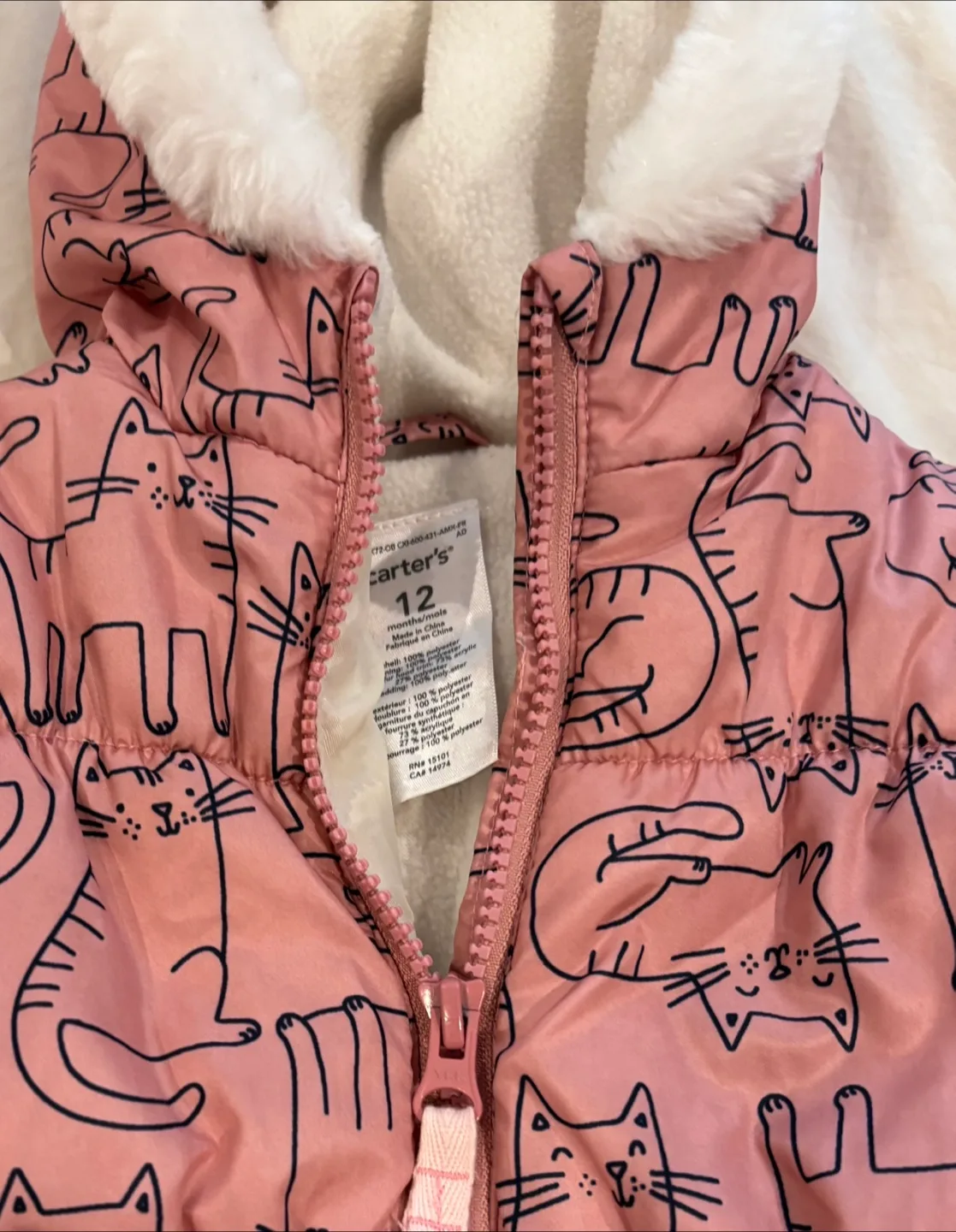 Carters Pink Cat Print Baby Snowsuit - Size 12 Months Super Cute image indicator(2)