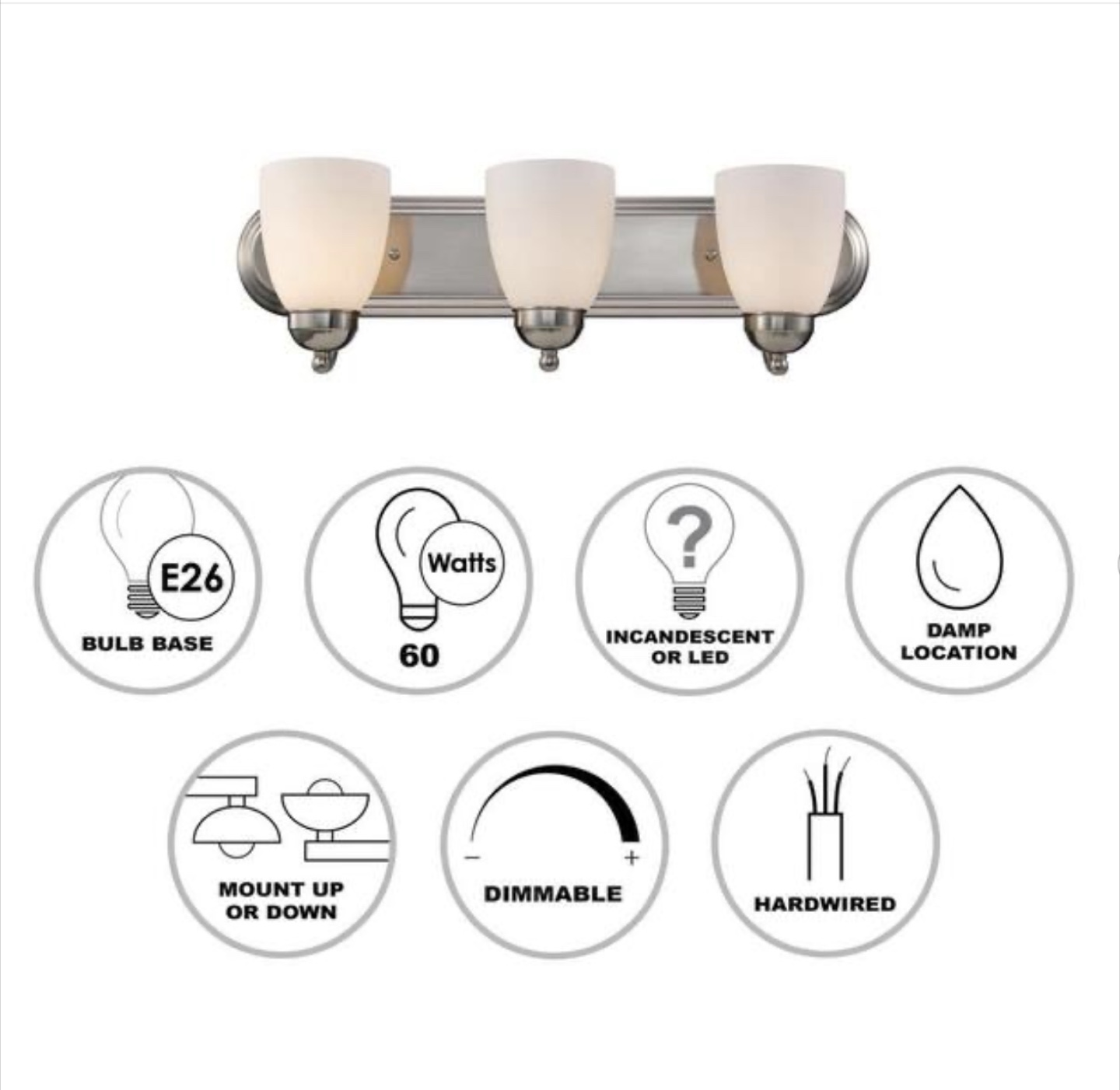 24 in. 3-Light Brushed Nickel Bathroom Vanity Light Fixture - photo 3