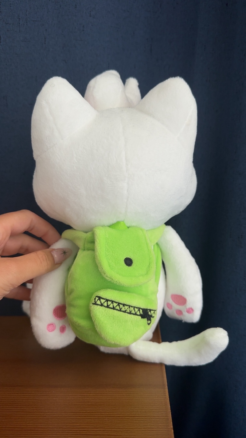 White Cat Plushie with Green Backpack - photo 2