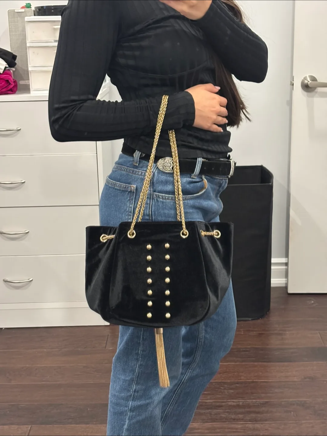 Lionel | Black Velvet & Gold Chain Bag thumbnail
