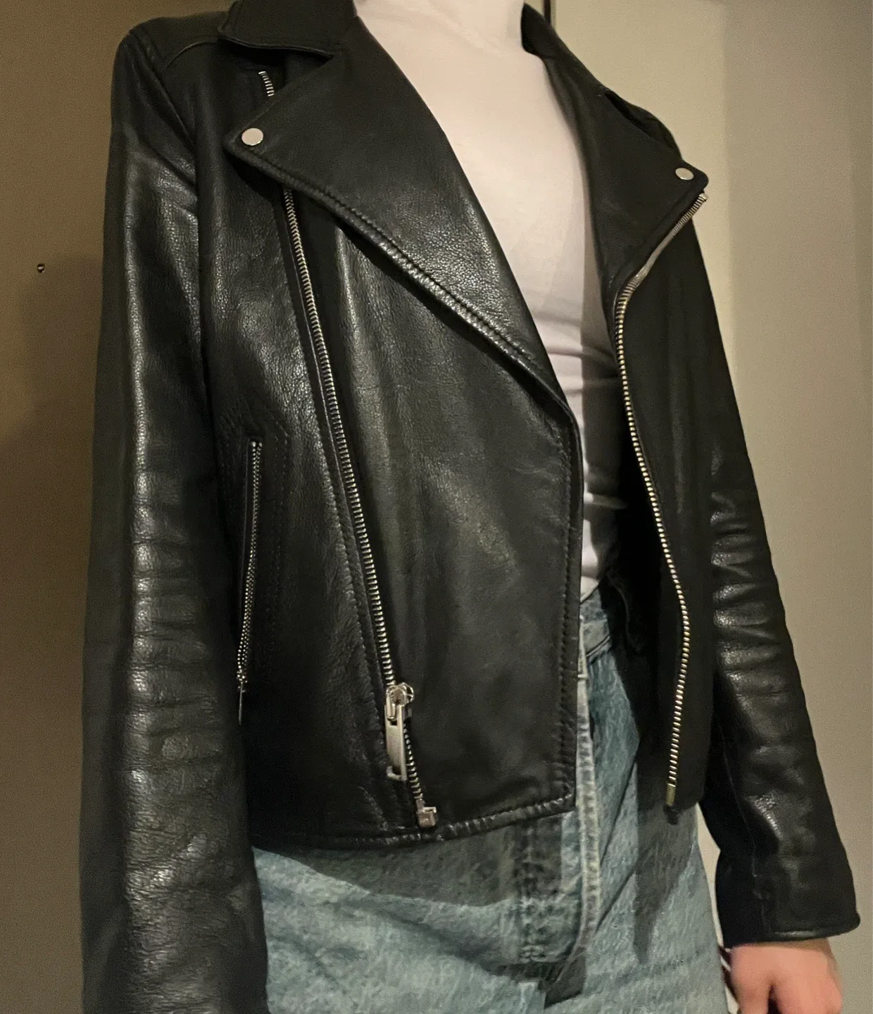 Massimo Dutti Black Leather Biker Jacket thumbnail