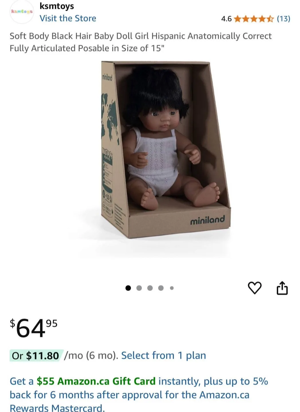 Miniland Soft Body Black Hair Baby Doll - 15"