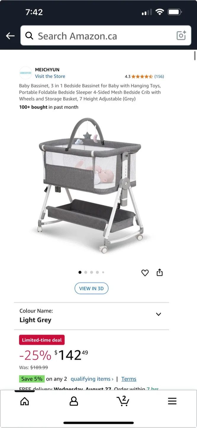 MEICHYUN 3-in-1 Light Grey Baby Bassinet thumbnail